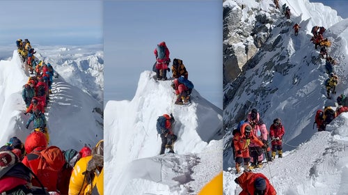 Climbers ascend a ridge on Mount Everest