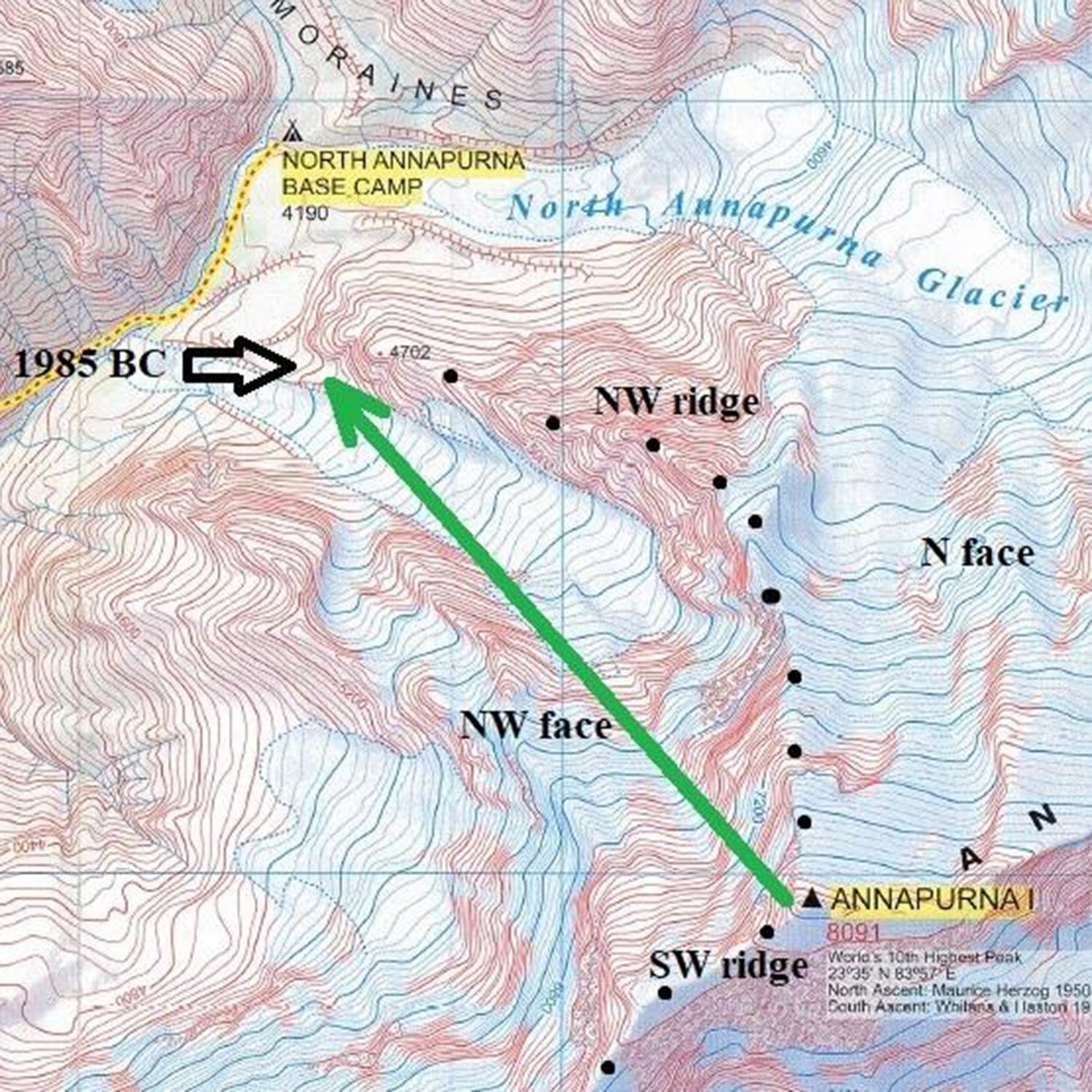 A topographical map of Annapurna showing where Messner's basecamp was relative to the summie