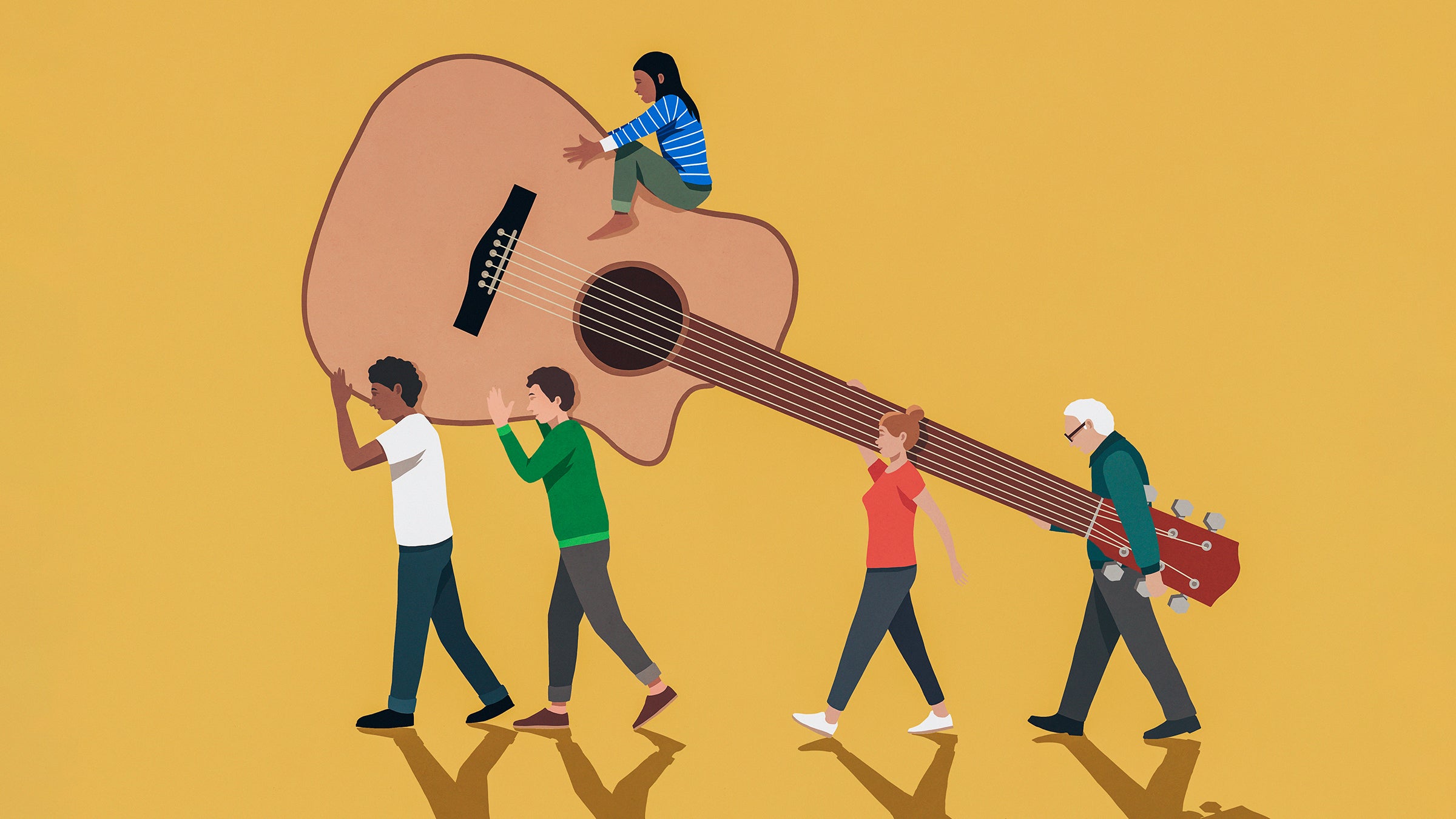 Group of miniature people carrying an oversized guitar