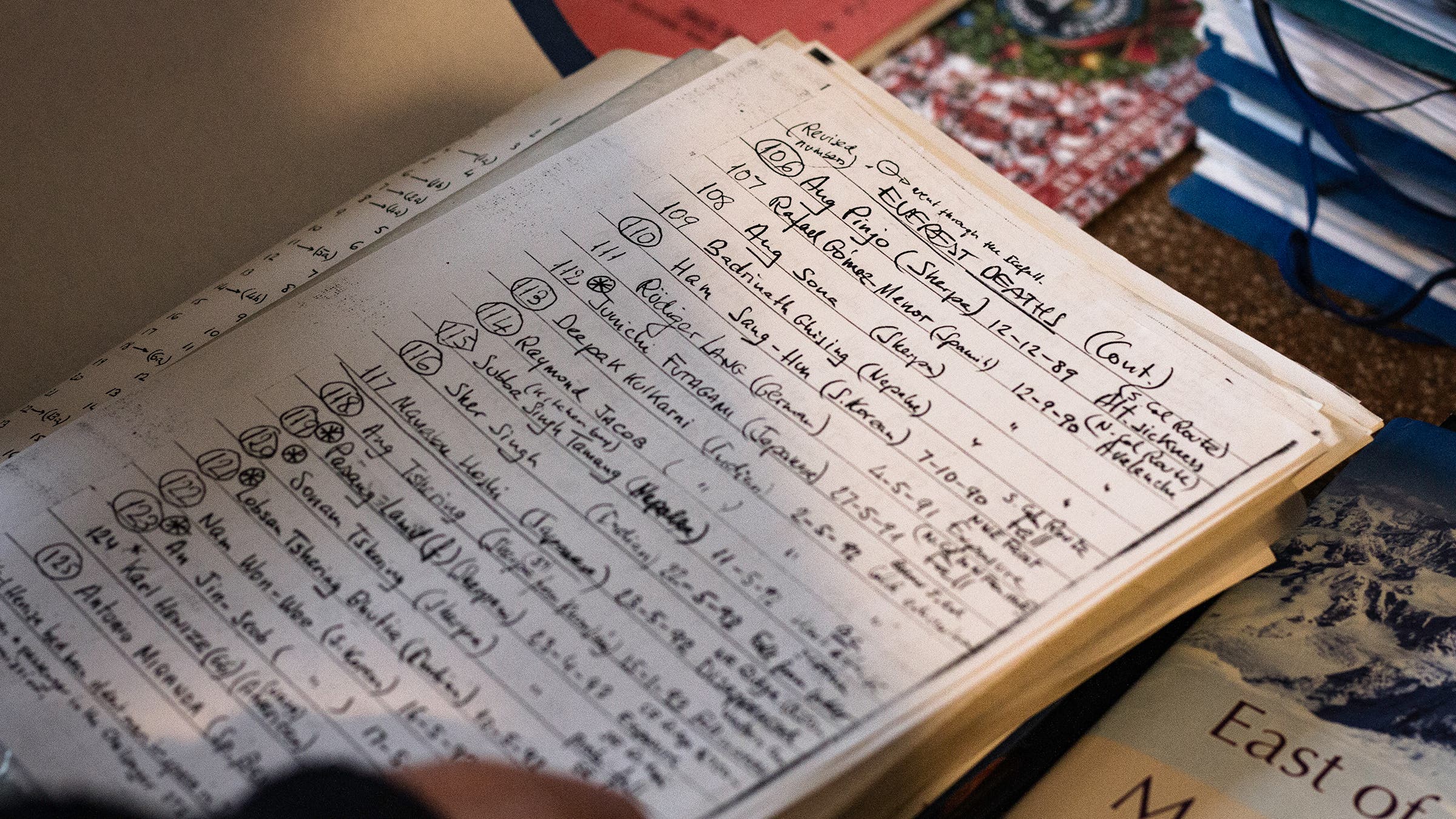 A handwritten record of fatalities on Mount Everest