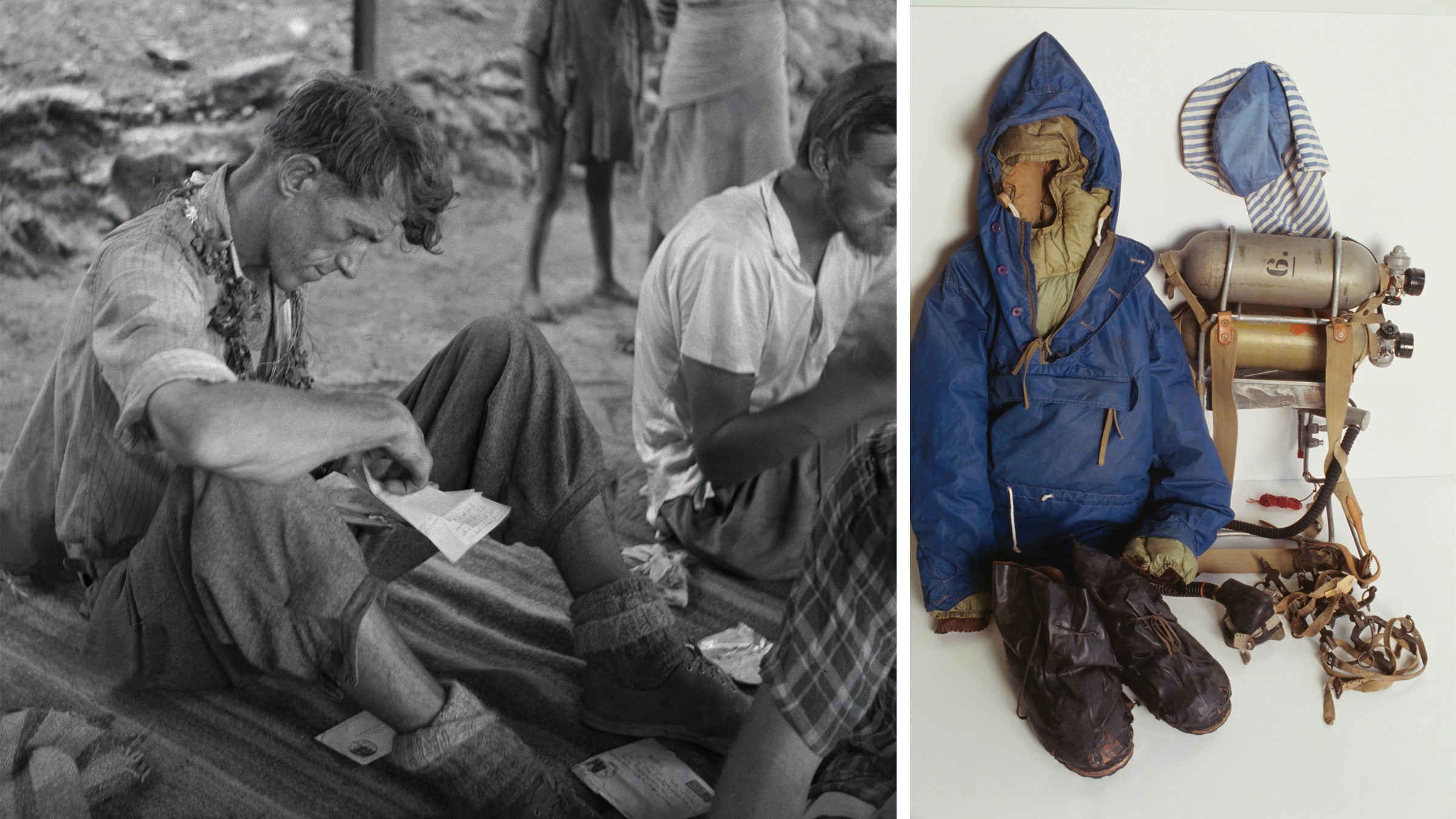 Left: Hillary catching up on mail after the climb. Right: Some of the gear he took to the top.