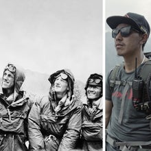 From left: Sir Edmund Hillary, Colonel John Hunt, and Tenzing Norgay shortly after the first summit of Mount Everest in 1953; Ang Pemba Sherpa on the route his grandather ran after the climb
