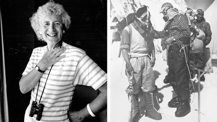 Left: Jan Morris, who covered the 1953 climb for the London Times. Right: Hillary and Tenzing during the expedition.