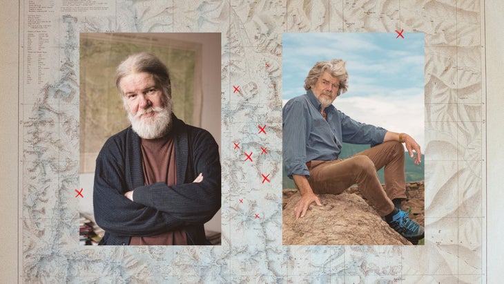 portraits of Eberhard Jurgalski and Reinhold Messner on a map background