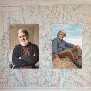 portraits of Eberhard Jurgalski and Reinhold Messner on a map background