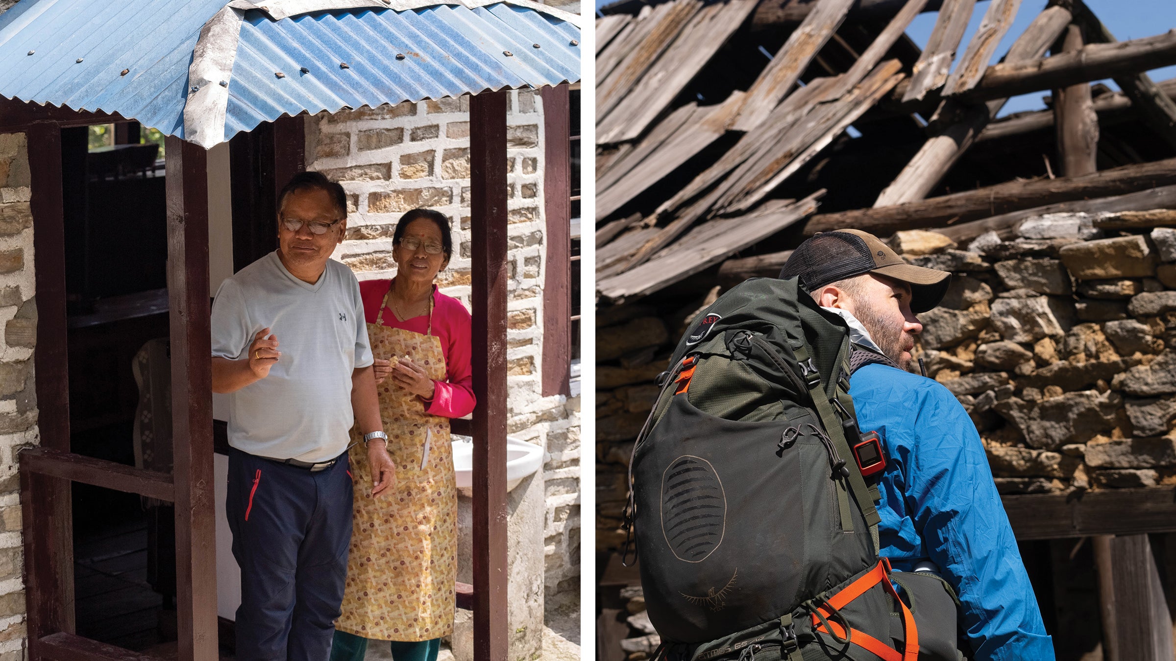 Left: Keshav Regmi Magar and his wife, Bishnu Regmi Magar, outside the Blue Haven Lodge in Khari Khola. Right: the author approaching Lamjura Pass.