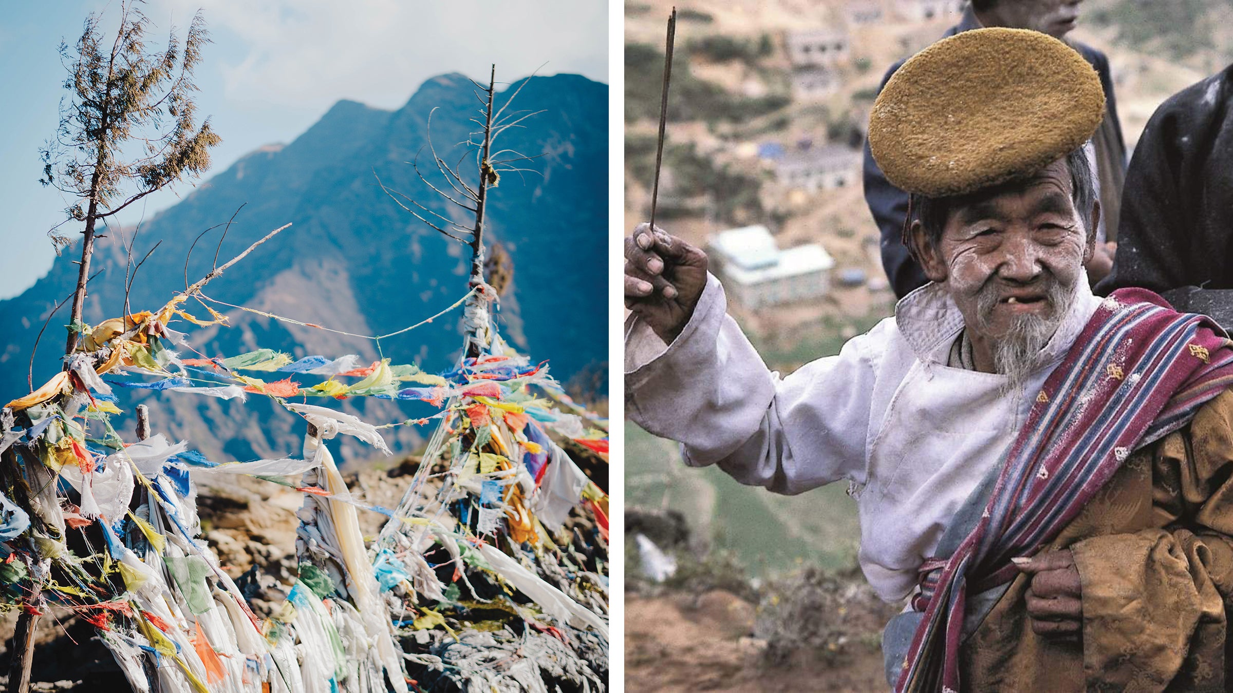 Left: Prayer Flags at Lamjura Pass. Right: Palden Sherpa in the mid-1990s.