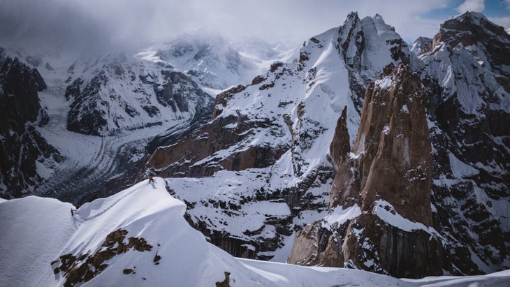 High on the great trango tower west face ski descent