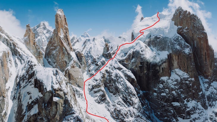 High on the great trango tower west face ski descent