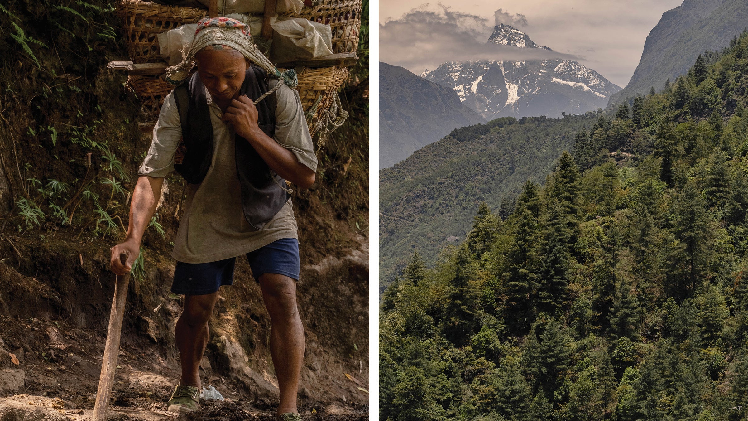 Left: a man heading to Namche Bazaar to sell produce. Right: A view of Khumb Yui Lah, just below Lukla.