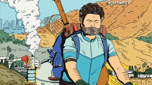 Illustration of Nick Offerman in Hollywood riding a bike and carrying a bunch of gear