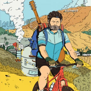 Illustration of Nick Offerman in Hollywood riding a bike and carrying a bunch of gear
