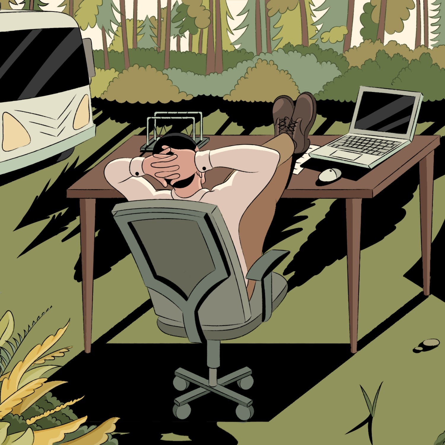 An illustration of a man sitting at a desk in an office chair at a campground, with a laptop open in front of him and a van off to the side.