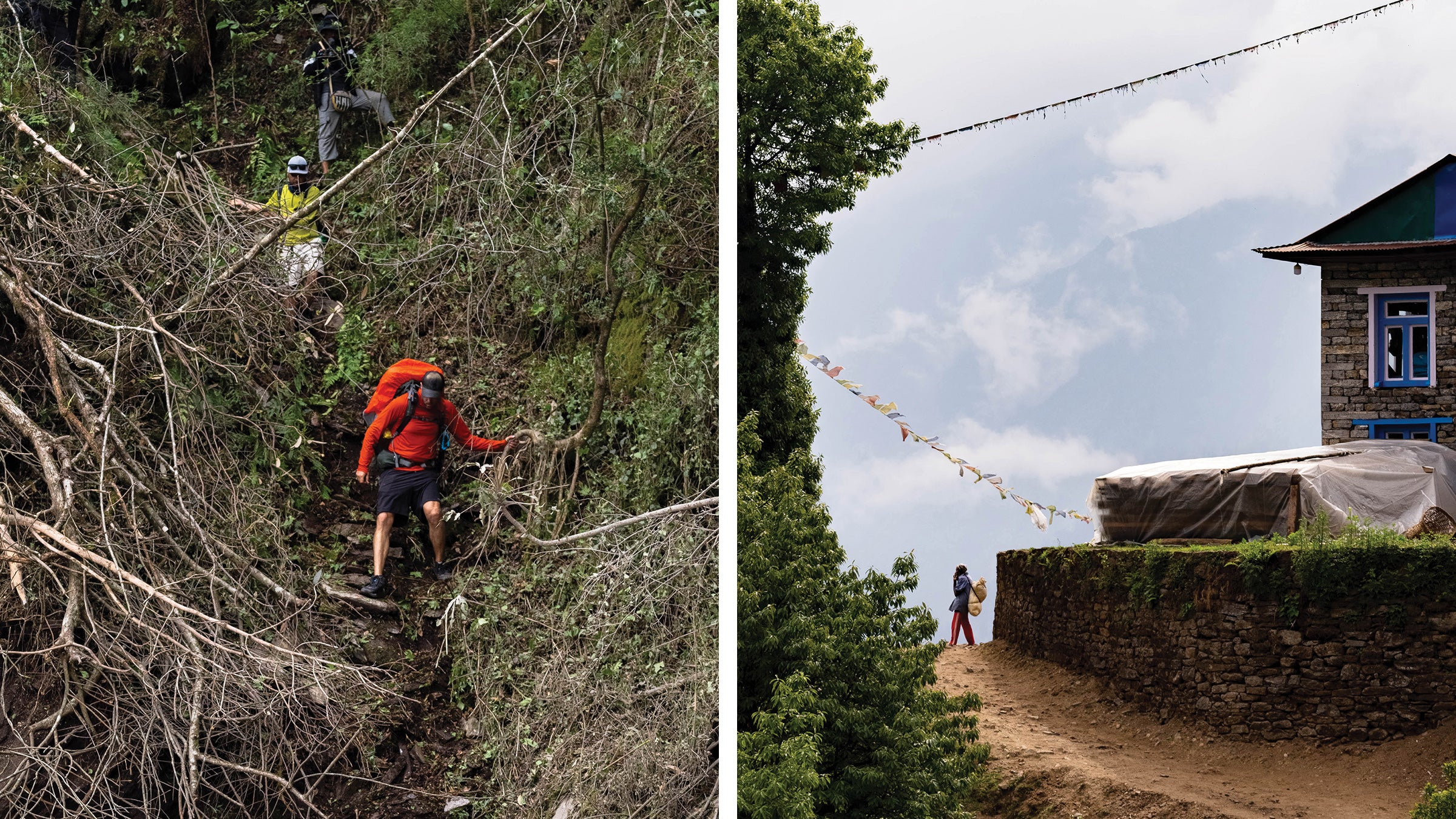 Left: the author detouring around a rockslide near the village of Puiya. Right: a local carrying supplies.