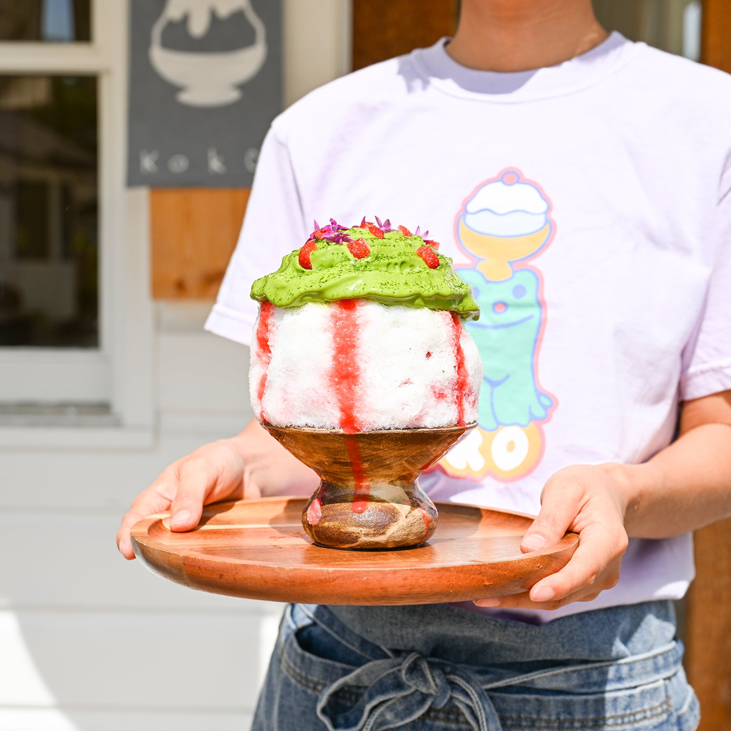 Ichigo matcha, the most popular seasonal shaved ice flavor at Koko Kakigori, features homemade strawberry syrup and matcha cream