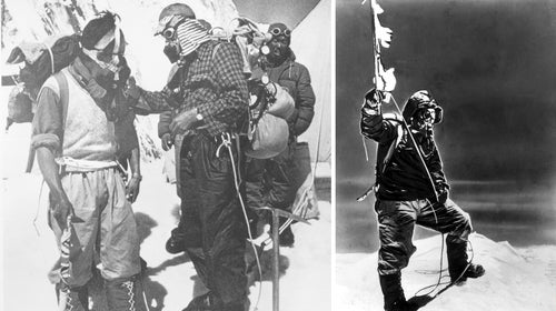 From left: Tenzing Norgay, left, and Hillary during the expedition; Tenzing on the summit