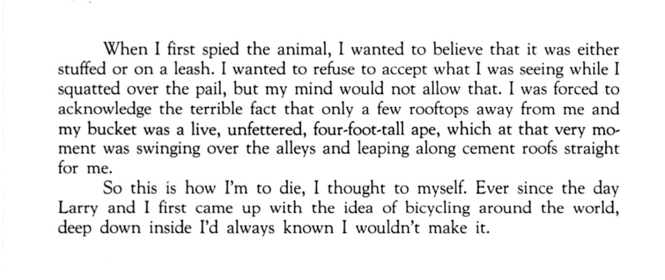 “When I first spied the animal, I wanted to believe that it was either stuffed or on a leash. I wanted to refuse to accept what I was seeing while I squatted over the pail, but my mind would not allow that. I was forced to acknowledge the terrible fact that only a few rooftops away from me and my bucket was a live, unfettered, four-foot-tall ape, which at that very moment was swinging over the alleys and leaping along cement roofs straight for me. So this is how I'm to die, I thought to myself. Ever since the day Larry and I first came up with the idea of bicycling around the world, deep down inside I'd always known I wouldn't make it.”