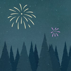 illustration of treeline with fireworks popping in night sky