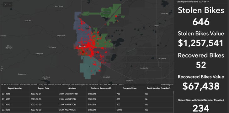 Map of 2023 bike theft data in Boulder, Colorado