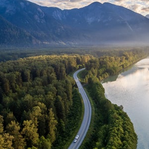 RV driving from Terrace to Prince Rupert on Highway 16, along the Skeena River.