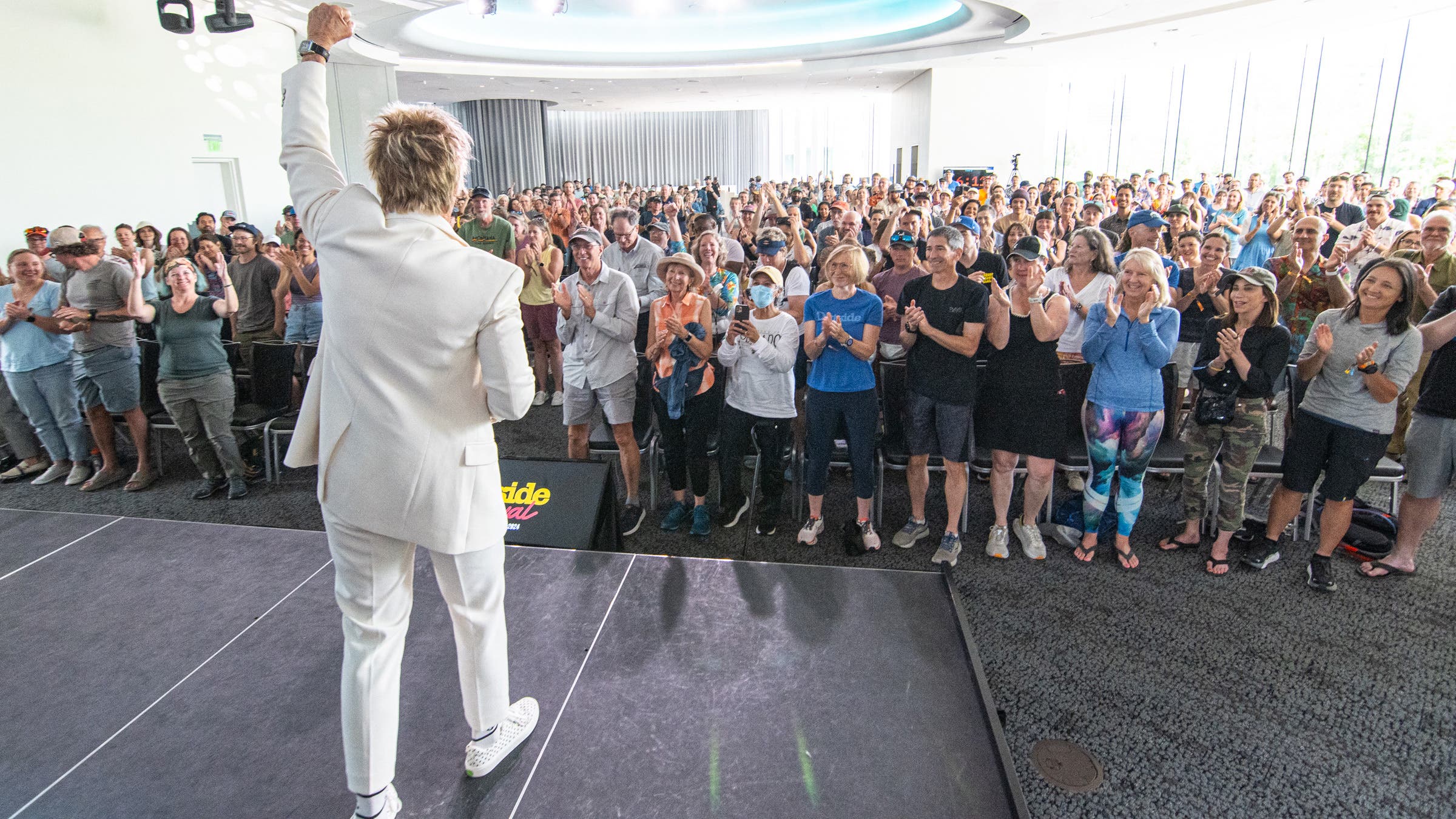 Diana Nyad addresses a crowd of fans at the Outside Festival.
