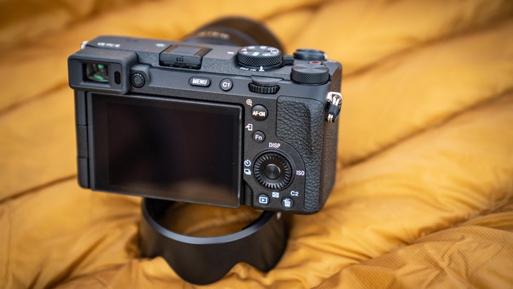 Closeup view of back panel of Sony A7CII mirrorless camera