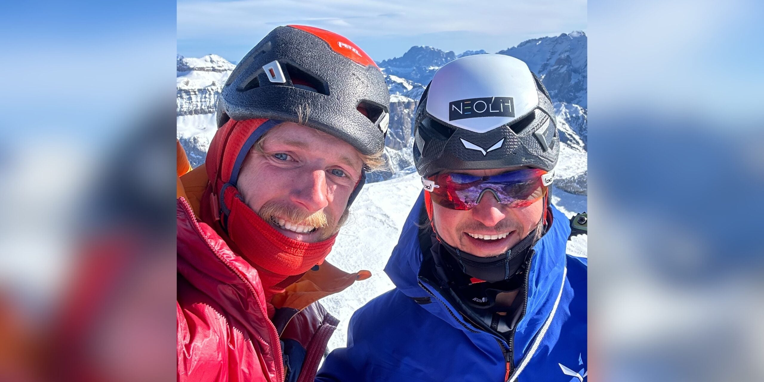 Free solo climber Martin Feistl (left) and Simon Gietl on the summit after the first ascent of 'Aura' (AI 5 M6; 3,900ft) in the Italian Dolomites.