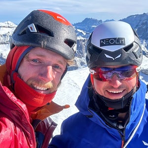 Free solo climber Martin Feistl (left) and Simon Gietl on the summit after the first ascent of 'Aura' (AI 5 M6; 3,900ft) in the Italian Dolomites.