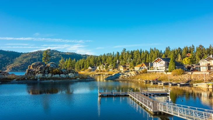 Cottages and still water on shores of Big Bear Lake