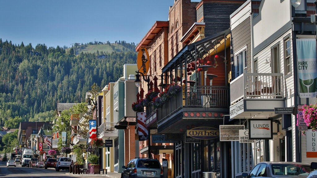 downtown Park City, Utah, slopes in background