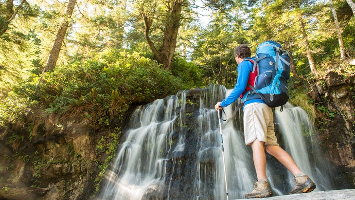 Hiker looks at Bonilla Falls, Bonilla Creek, the West Coast Trail