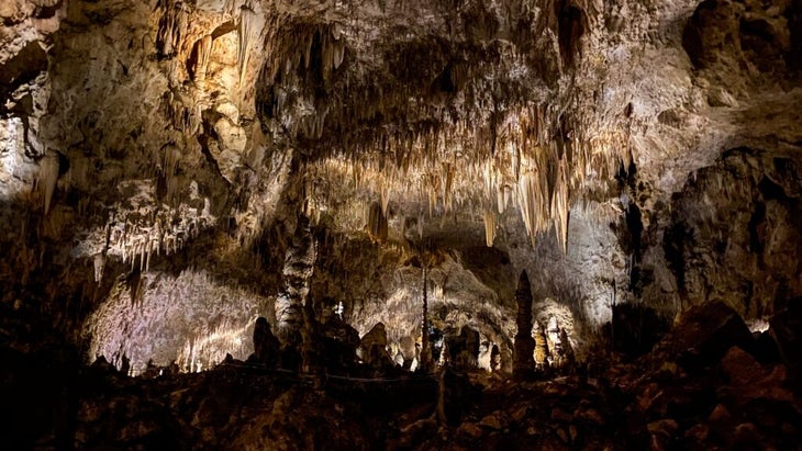 Illuminated stalagtites and stalagmites are visible in the Big Room of Carlsbad Caverns, New Mexico. 