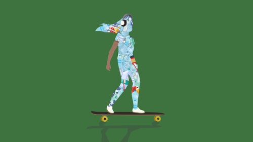 Skateboarding figure with microplastics covering their body