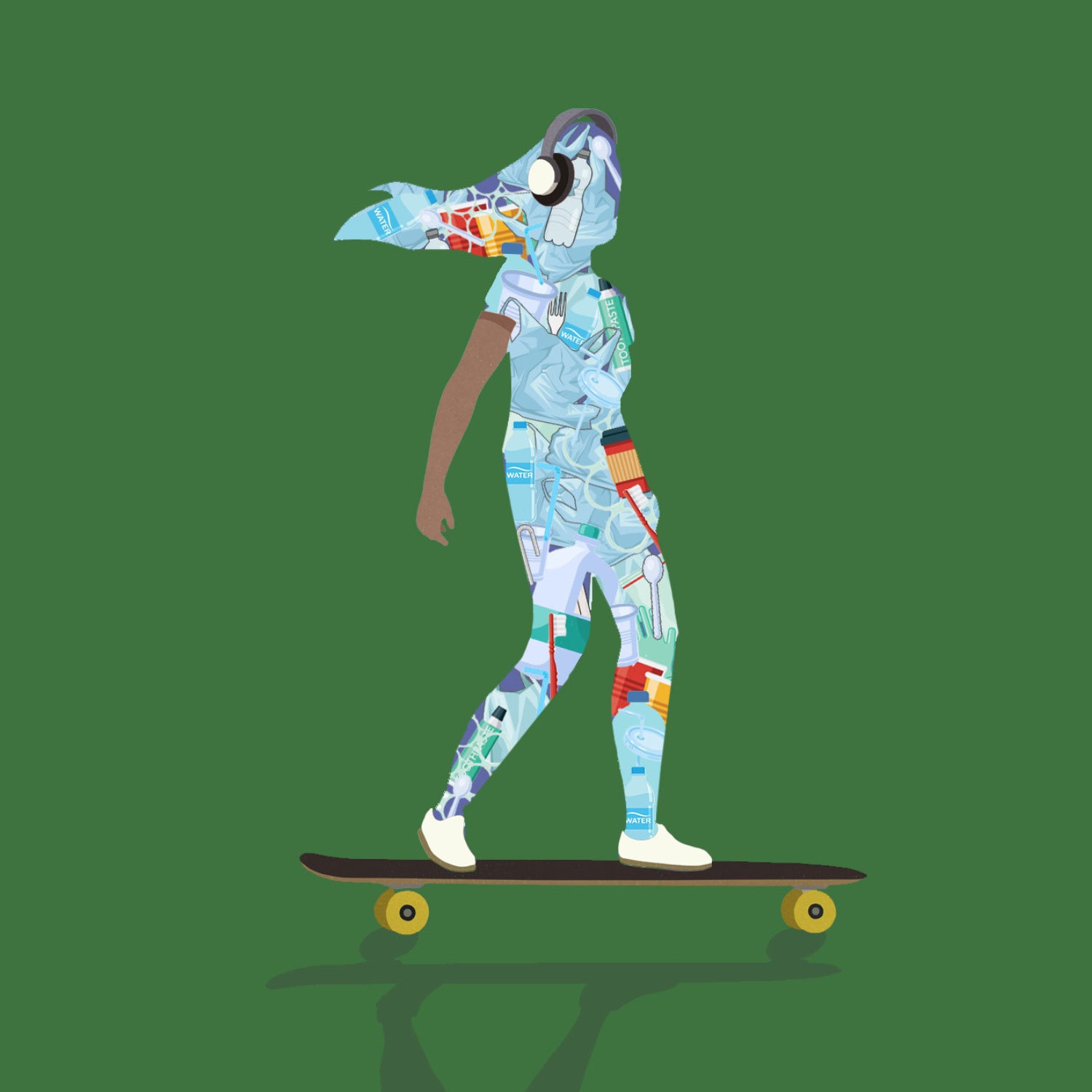 Skateboarding figure with microplastics covering their body