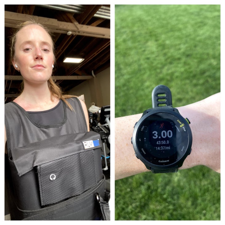 A selfie of a woman wearing a weighted vest, next to a photo of a training watch