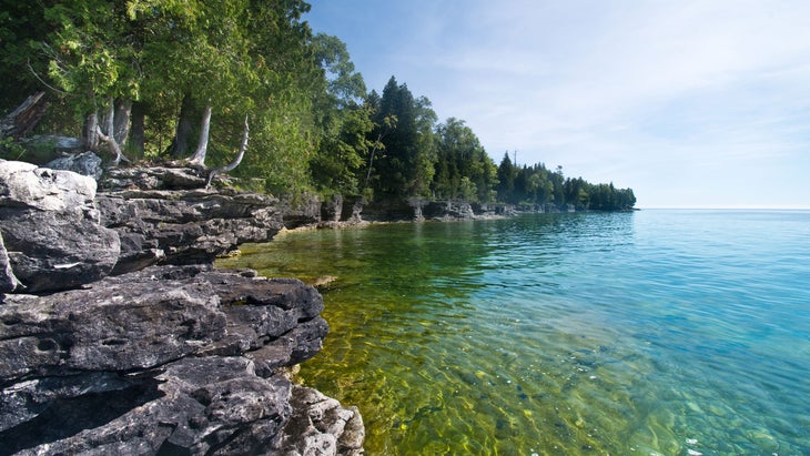 Lake Michigan rocky shoreline with blue water and tall green trees