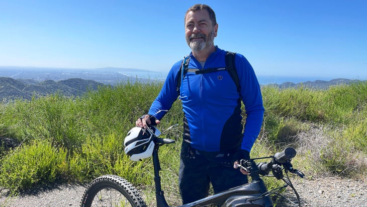 Nick Offerman enjoys another e-assist mountain bike ride in the SoCal hills