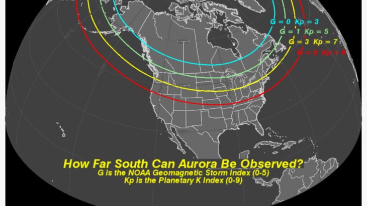 A map of North America with three lines that show the latitudes auroras can be observed, based on the geomagnetic storm index.