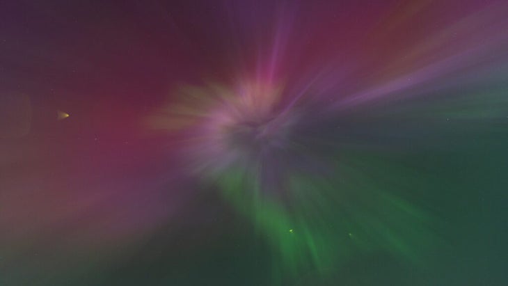 A spiral aurora taken by the author over Cleveland on May 10 features pink and green prominently. 