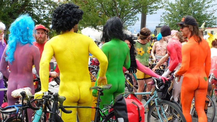 painted cyclists on parade in Seattle