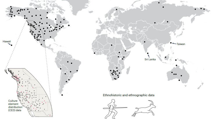 Map showing where persistence hunting was documented in ethnographic data