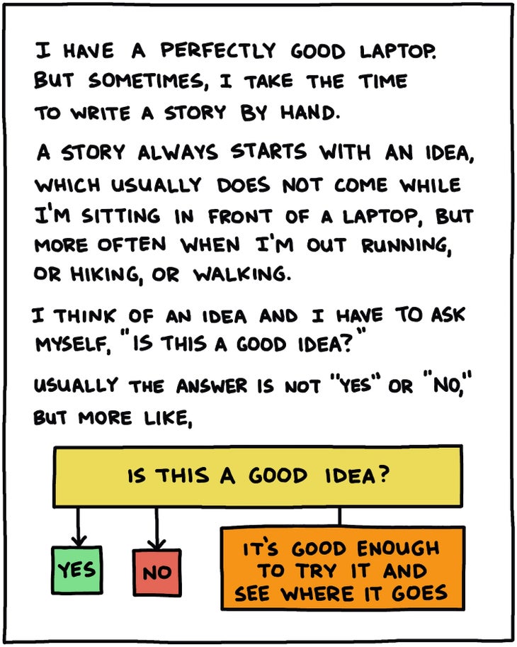 I have a perfectly good laptop, but sometimes I take the time to write a story by hand. A story always starts with an idea, which usually does not come sitting in front of a laptop, but more often when I'm out running or hiking or walking. I think of an idea and I have to ask myself, "Oh, is this a good idea?" Usually the answer's not “yes” or “no,” but more like, "Okay, this is good enough to try and see where it goes."