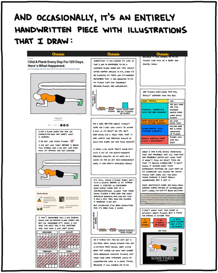 and occasionally, it's an entirely handwritten piece with illustrations that I draw. [SCREENSHOT OF Outside Online story “I Did A Plank Every Day For 120 Days. Here's What Happened.”]