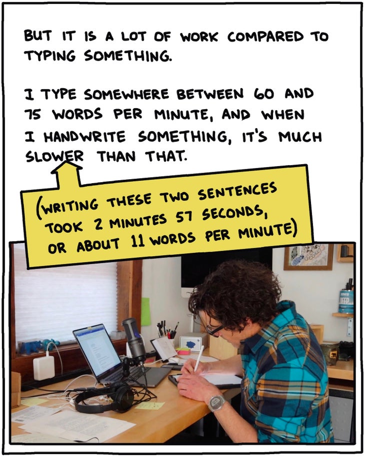 But it is a lot of work compared to typing something. I type somewhere between 60 and 75 words per minute, and when I hand write something, it's much, much slower than that. [Photo of Brendan Leonard drawing]