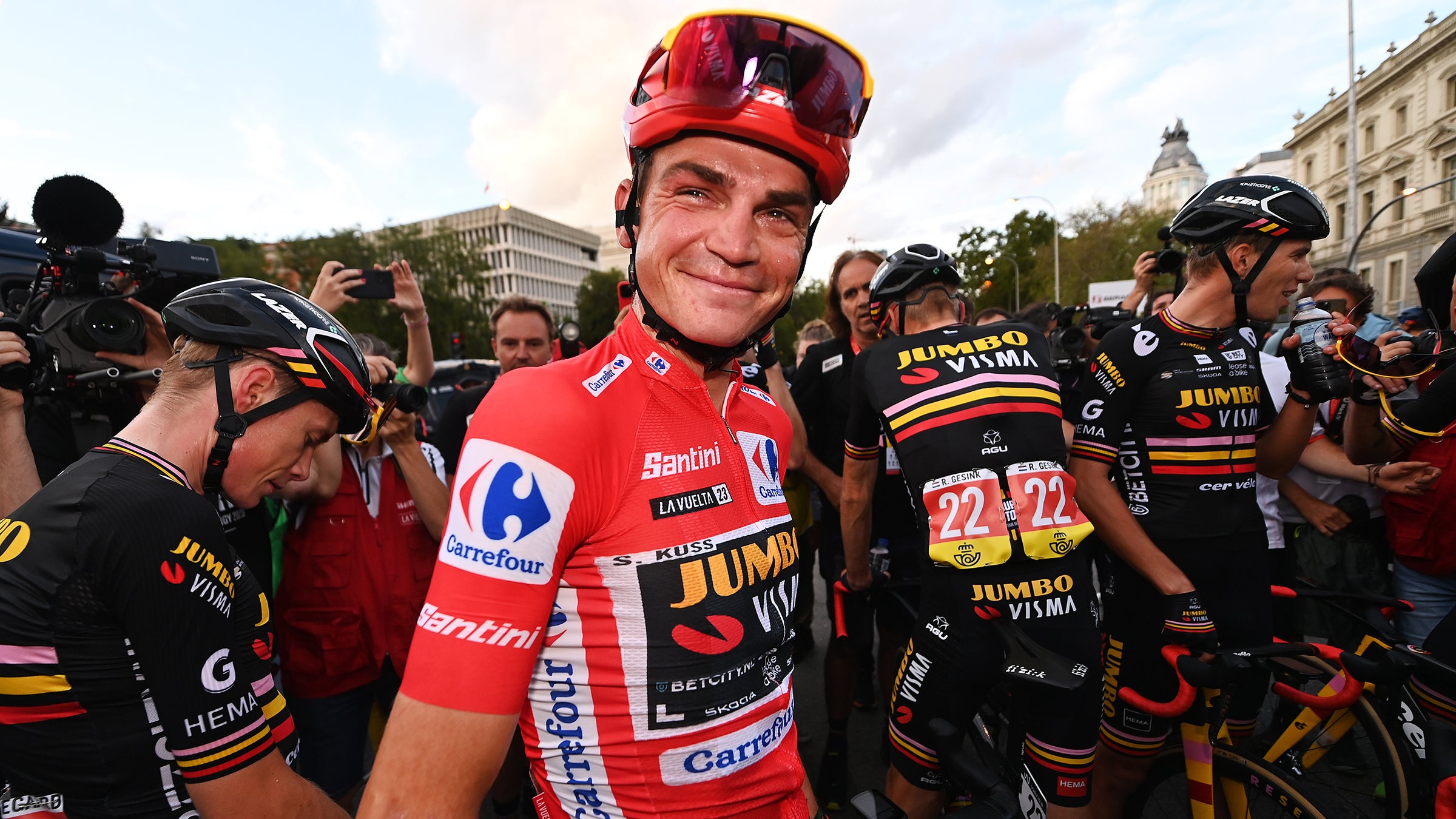 Sepp Kuss celebrates his Vuelta a España victory in Madrid