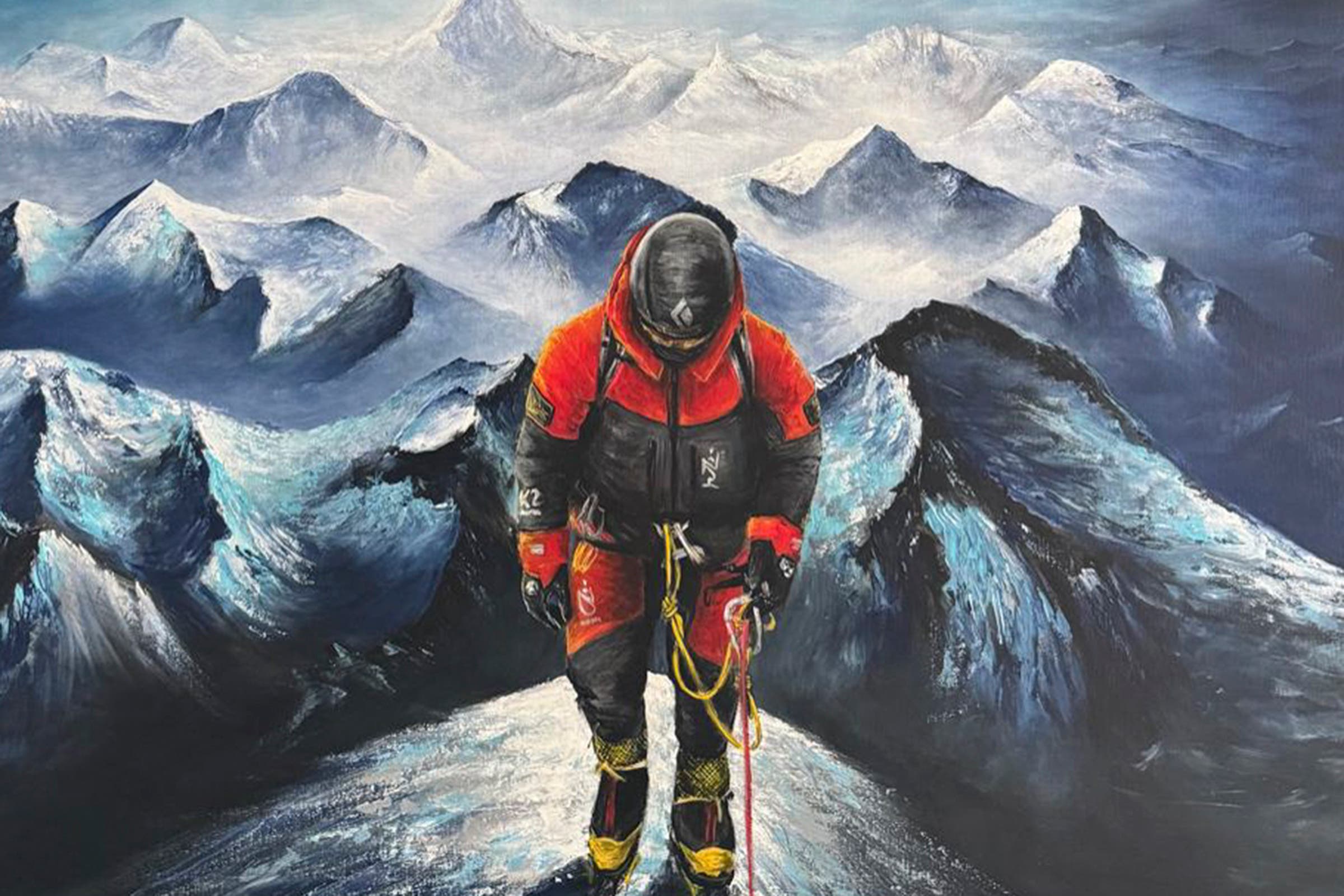 A painting of a climber in the mountains