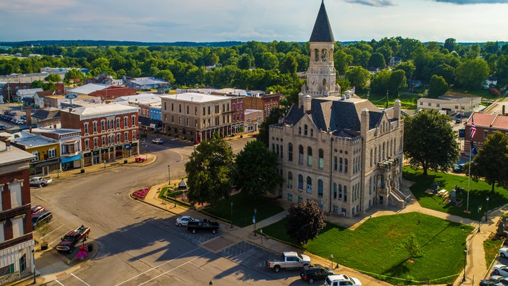 Aerial Shot of Small Town Salem Indiana Town Square.