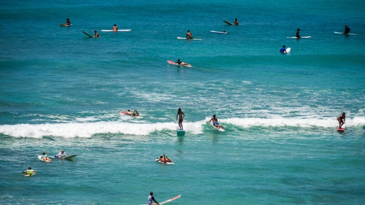 A group of surfers paddling out and riding in a wave off Waikiki Beach, Oahu.