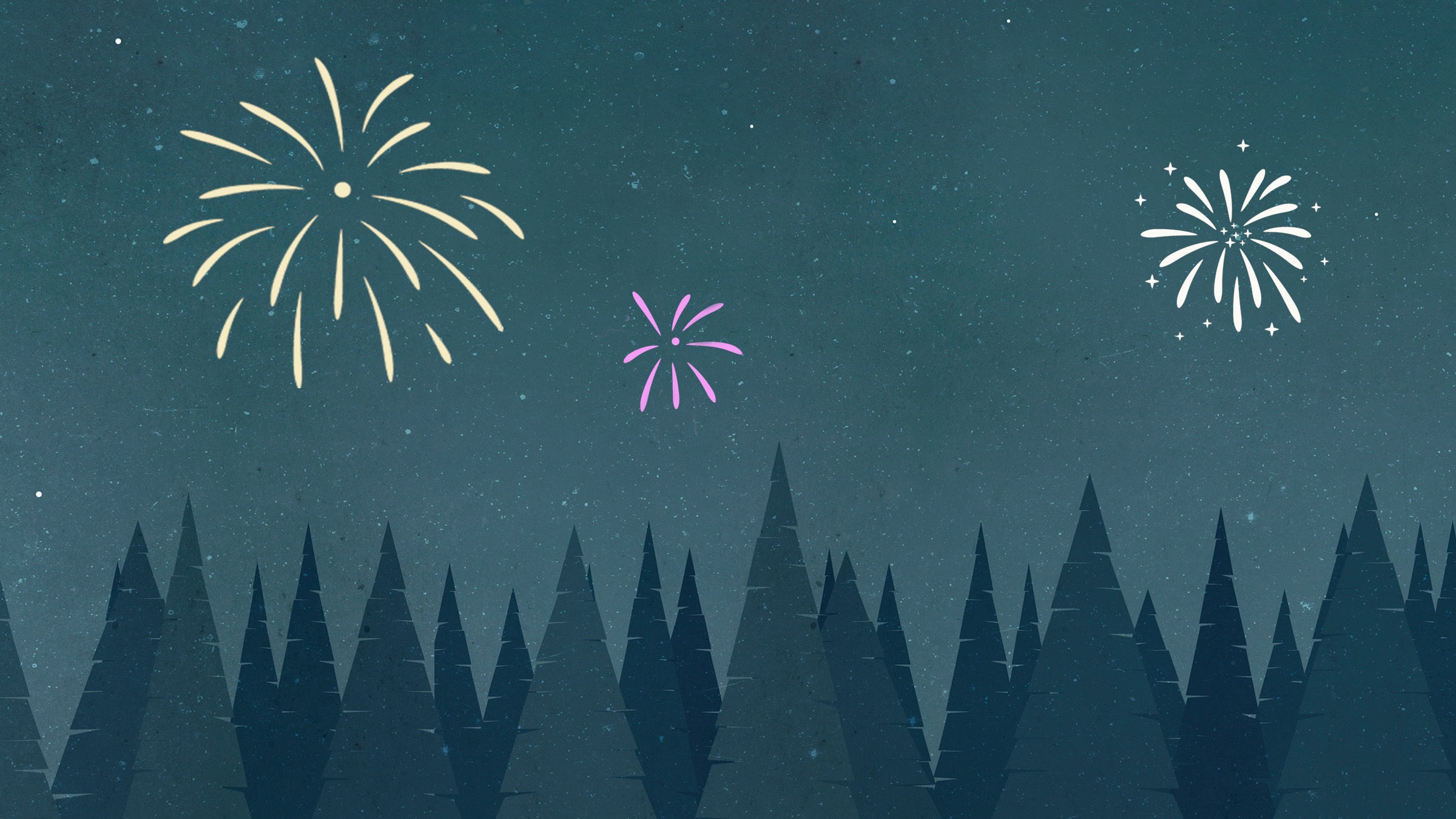 Illustration of forest treeline at night with fireworks in the sky