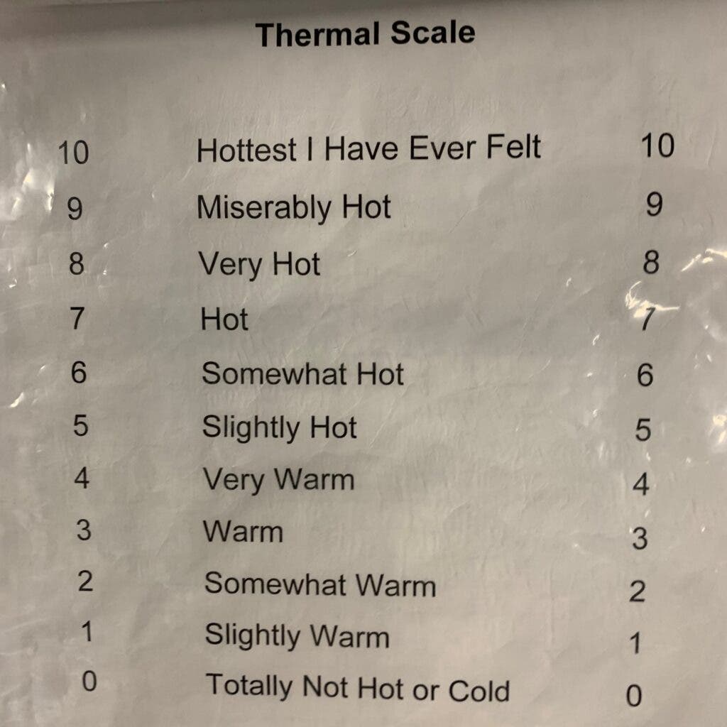A picture of the ten-level thermal scale used to assess how hot a subject feels.